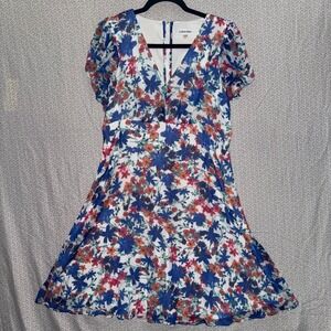 Calvin Klein Women Floral Print V Neck Short Sleeve Fit Flare Dress Size 10